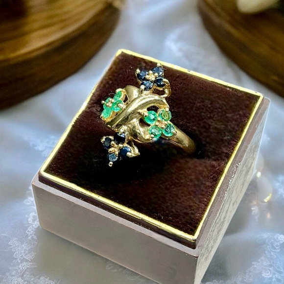 🌺Vintage 18K/925 Genuine Emerald & Sapphire Ring - Picture 2 of 11